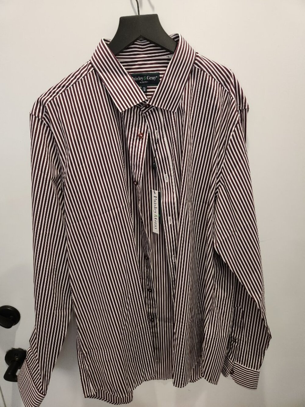 NWT Paisley & Gray Men's Slim Fit Burgundy White Striped Dress Shirt XL 18